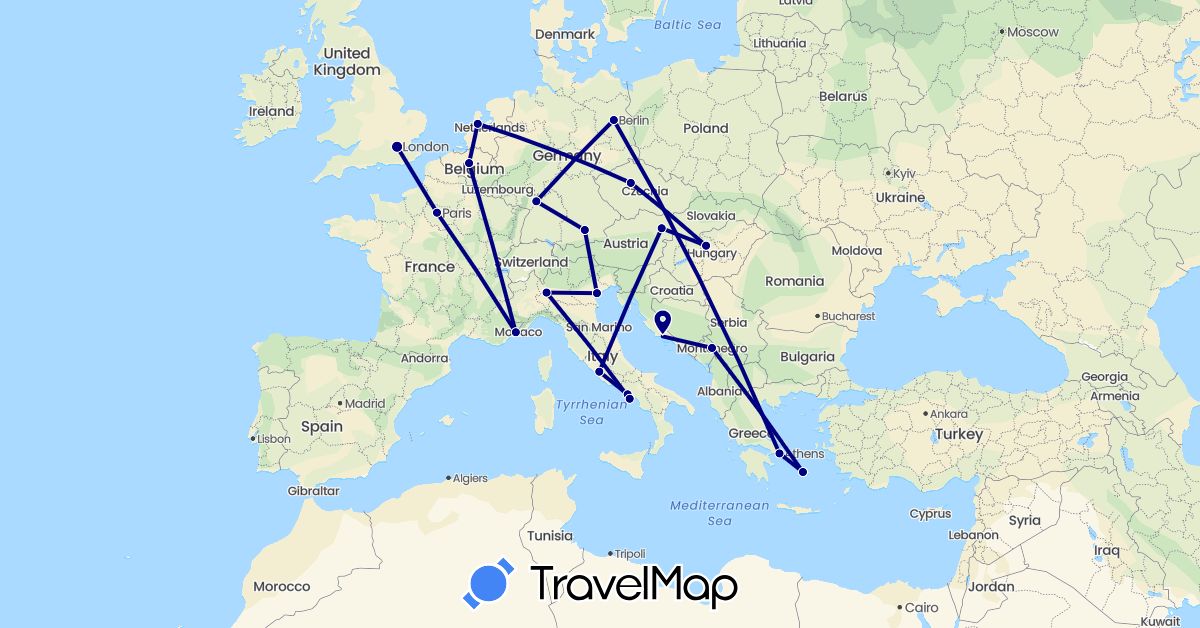 TravelMap itinerary: driving in Austria, Belgium, Czech Republic, Germany, France, United Kingdom, Greece, Croatia, Hungary, Italy, Montenegro, Netherlands (Europe)